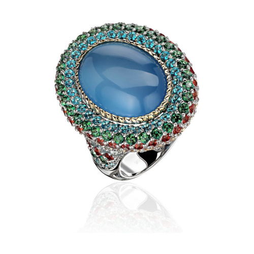 Кольцо из белого золота 750 пробы с хризолитом, топазами, сапфиром и агатом 01К5815078-1