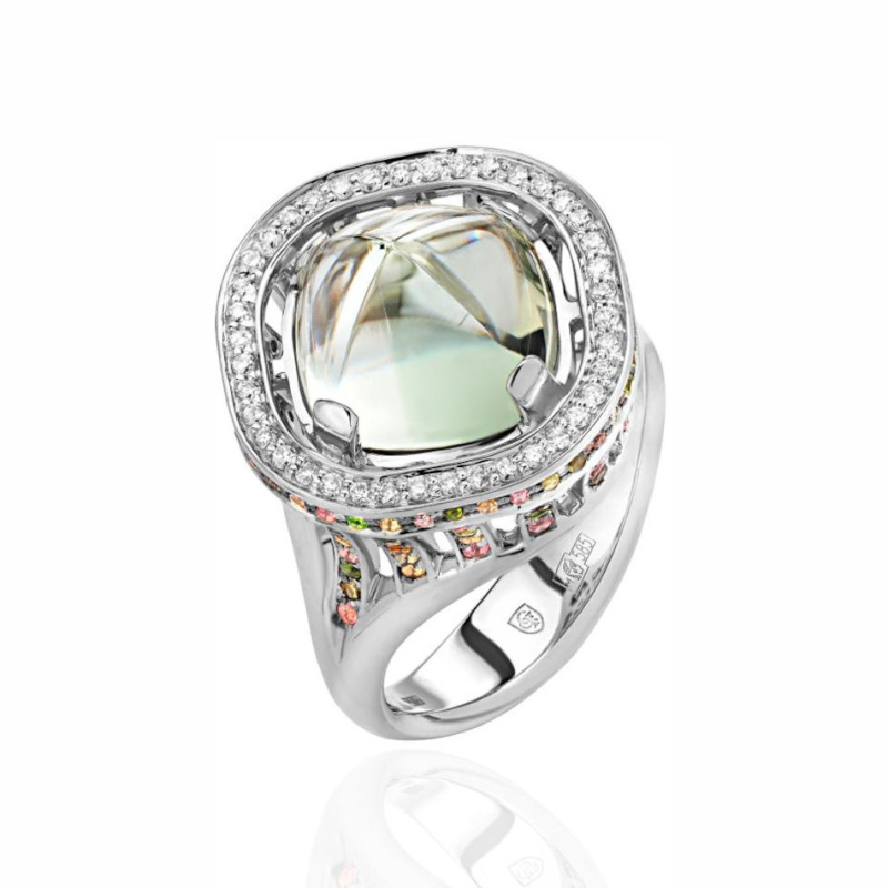 Кольцо из белого золота 585 пробы с празиолитом, бриллиантами и турмалинами 01К6211190-6