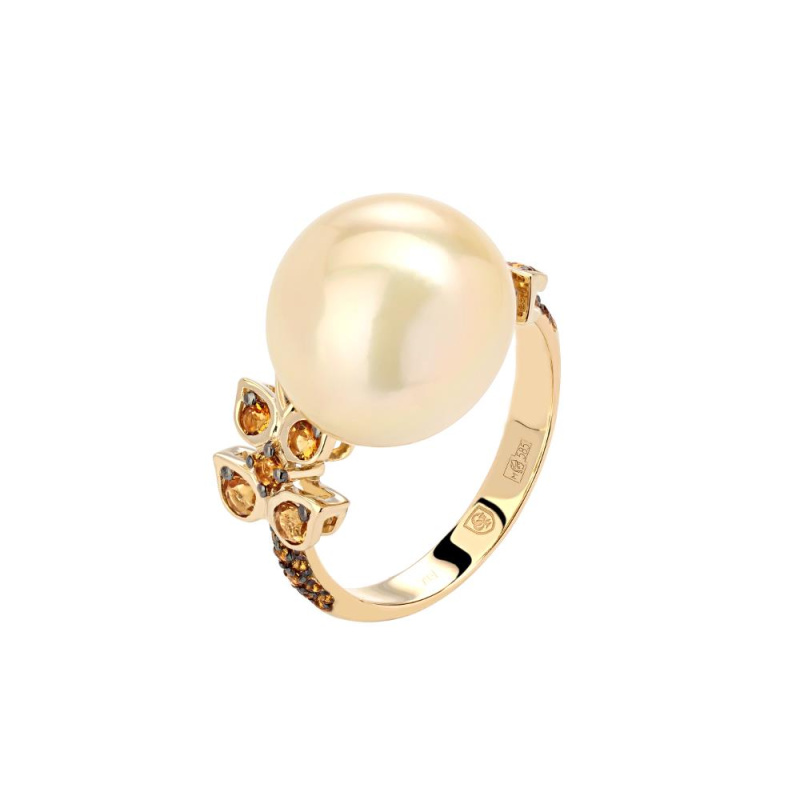 Кольцо из желтого золота 585 пробы с жемчугом и цитринами 01К3311218-1