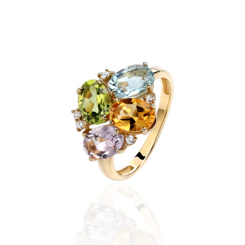 Кольцо из желтого золота 585 пробы с цитрином, хризолитом, фианитами, топазом и аметистом  01К335667-1