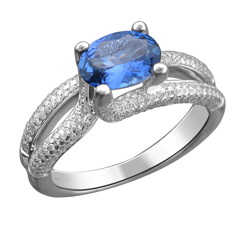Кольцо из белого золота 585 пробы с танзанитом и бриллиантами 01К624352-4