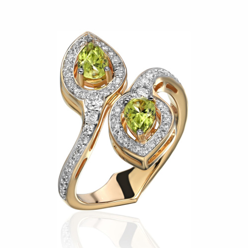 Кольцо из желтого золота 585 пробы с хризолитами и бриллиантами 01К6312692-7