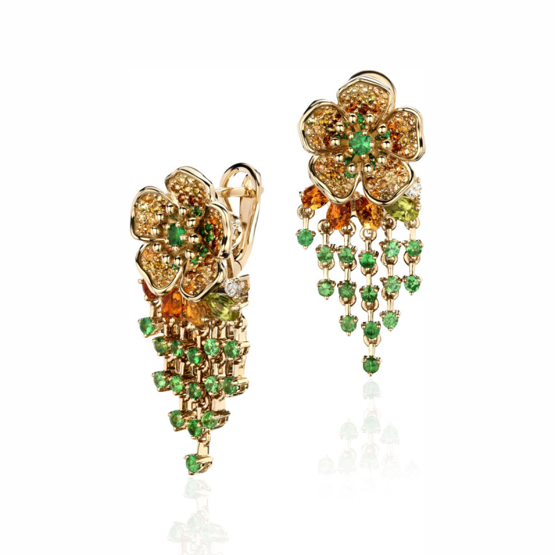Серьги из желтого золота 585 пробы с турмалинами, хризолитами, цитринами, тсаворитами и бриллиантами 01С6314576-2