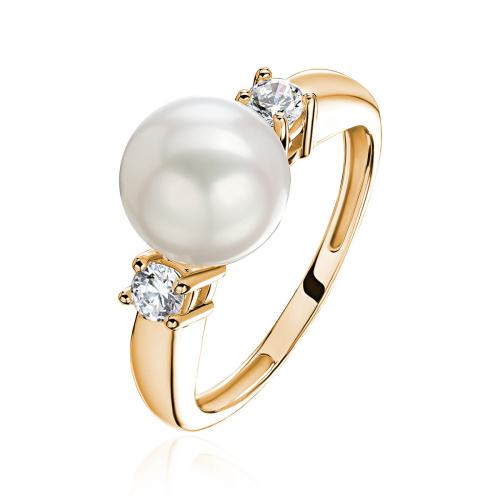 Кольцо из красного золота 585 пробы с жемчугом и фианитами 01К3113112-1