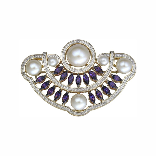 Брошь из желтого золота 585 пробы с аметистами, жемчугом и бриллиантами 01Ш630288-4