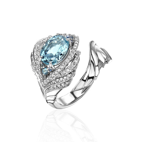 Кольцо из белого золота 585 пробы с аквамарином, сапфирами и бриллиантами 01К6215150-1