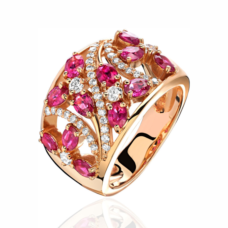 Кольцо из красного золота 585 пробы с рубином и бриллиантами 01К613458-3