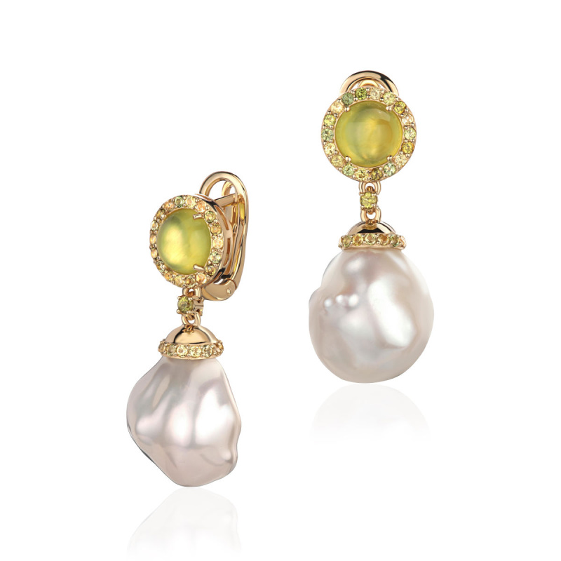 Серьги из желтого золота 585 пробы с жемчугом, пренитами и турмалинами 01С3317068-2