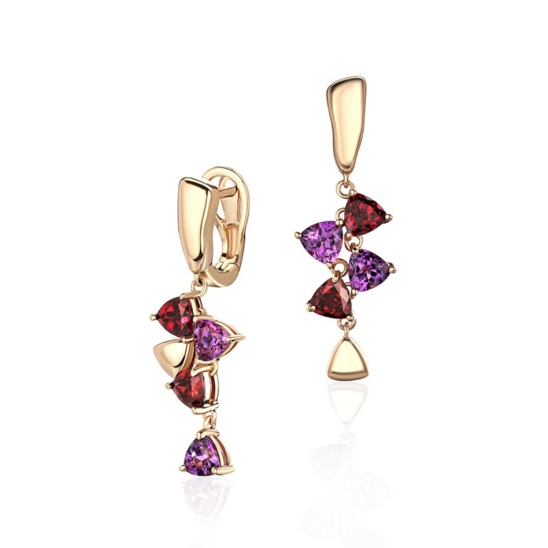 Серьги из красного золота 585 пробы с аметистами и родолитами 01С3116556-5