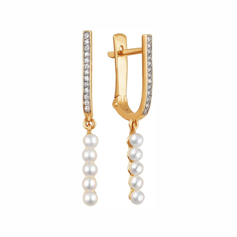 Серьги из красного золота 585 пробы с фианитами и жемчугом 01С3111964-1
