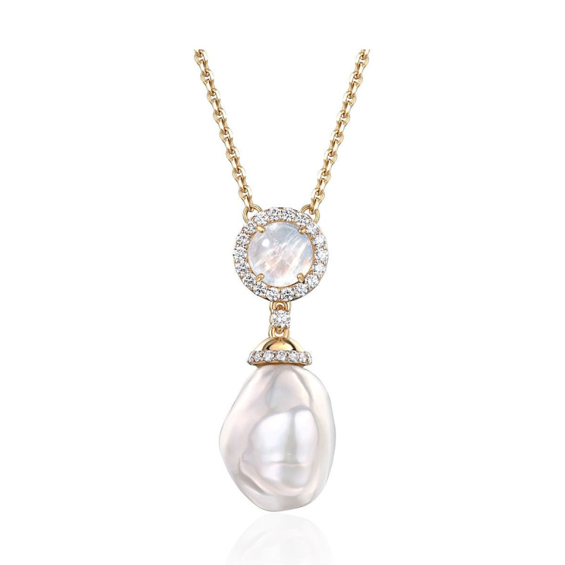 Колье из желтого золота 585 пробы с лунным камнем и жемчугом 01Л632595-1