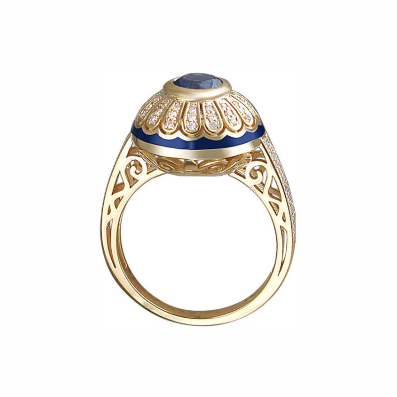 Кольцо из желтого золота 750 пробы с танзанитом, бриллиантами и эмалью 01К646673Э-2