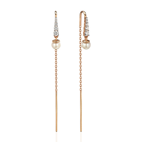 Серьги из красного золота 585 пробы с фианитами и жемчугом 01С3114286Р-1