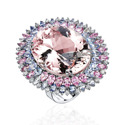 Кольцо из белого золота 750 пробы с сапфирами, морганитом и бриллиантами 01К6715754-1