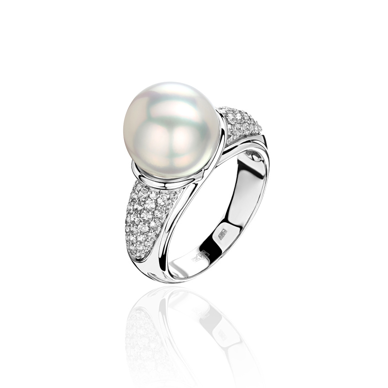 Кольцо из белого золота 585 пробы с жемчугом и бриллиантами 01К6213831-1