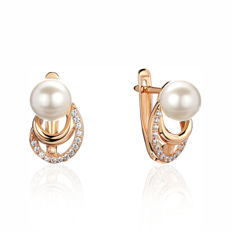Серьги из красного золота 585 пробы с фианитами и жемчугом 01С3115338-1