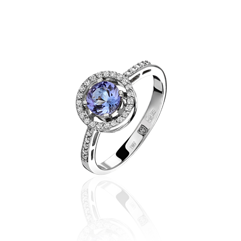 Кольцо из белого золота 585 пробы с танзанитом и бриллиантом 01К6213537-3
