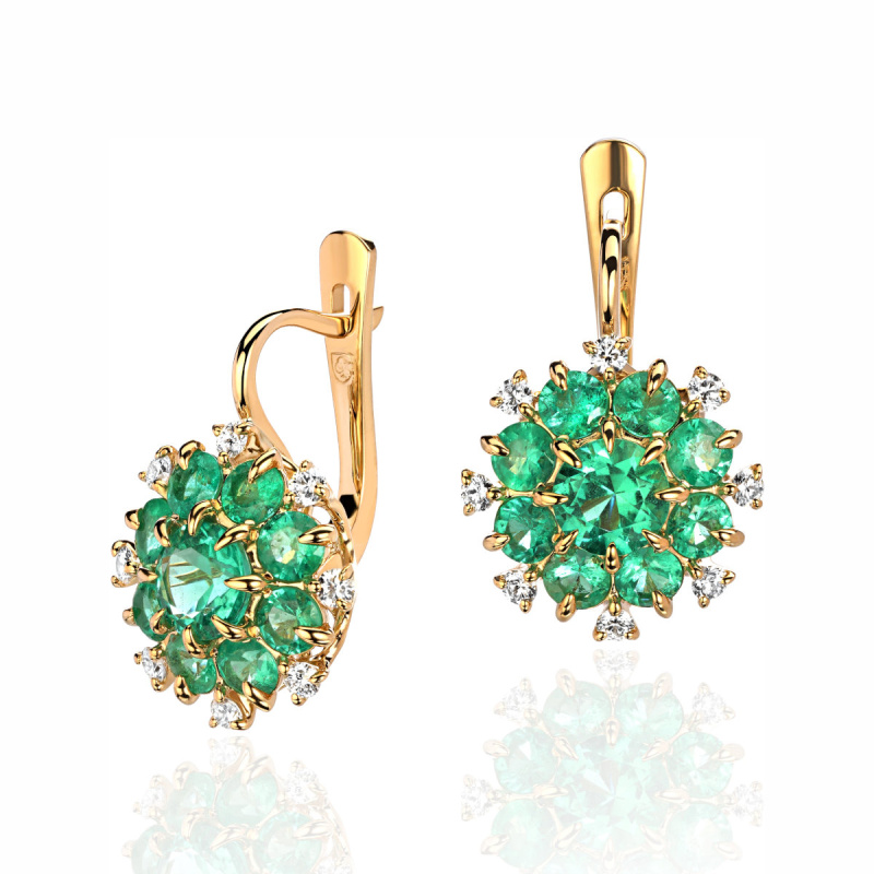Серьги из желтого золота 750 пробы с изумрудами и бриллиантами 01С647803-4