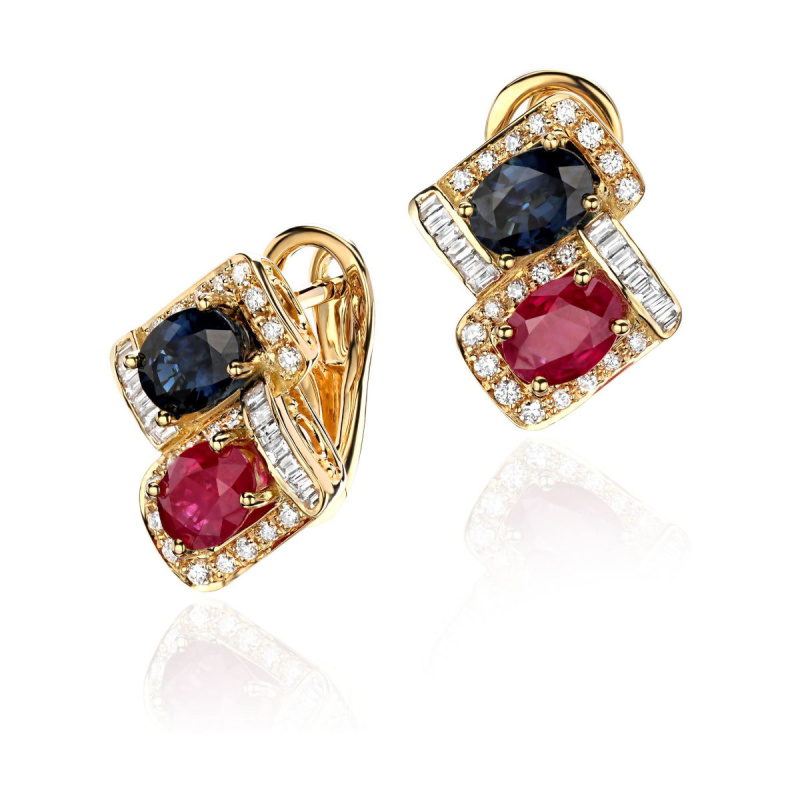 Серьги из желтого золота 750 пробы с бриллиантами, сапфирами и рубинами 01С6415095-2