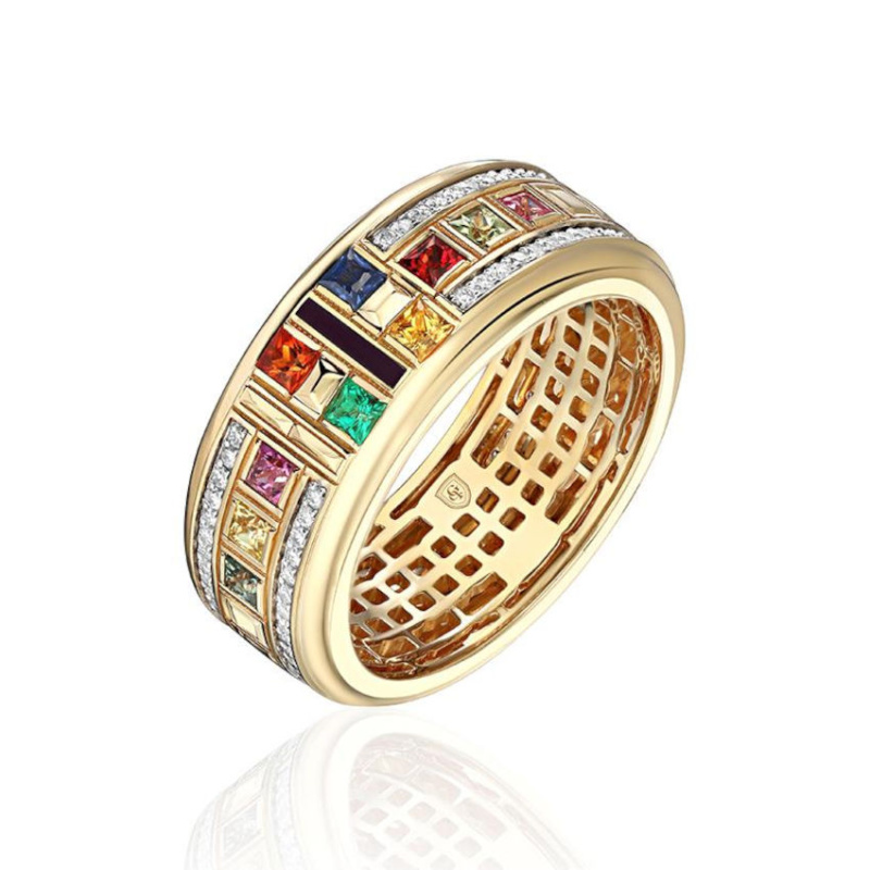 Кольцо из желтого золота 585 пробы с изумрудом, сапфирами, бриллиантами и эмалью 01К6316636Э-1