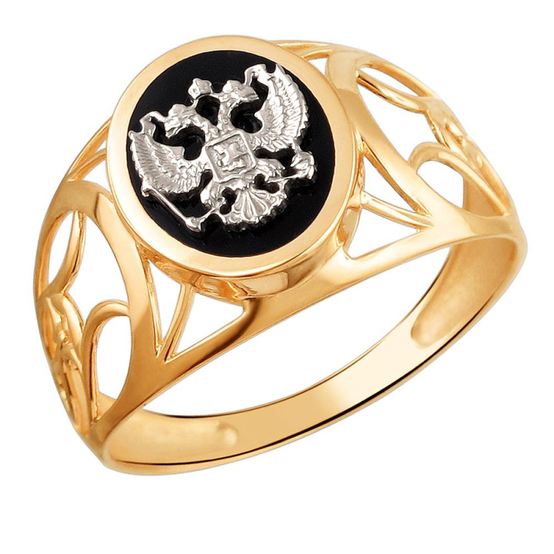 Перстень из комбинированного золота 585 пробы с ониксом 01Т4611721-1