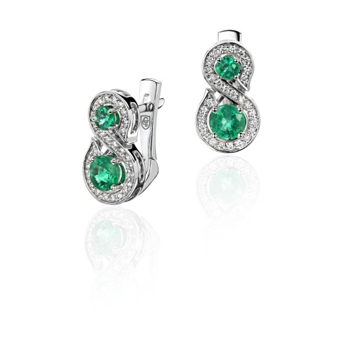 Серьги из белого золота 585 пробы с бриллиантами и изумрудами 01С6213432-1