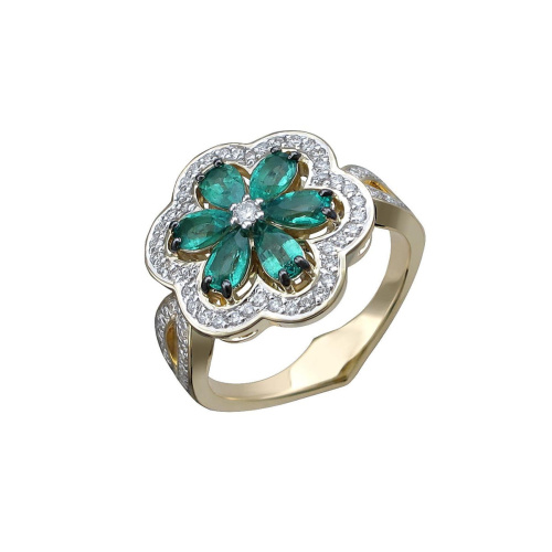 Кольцо из желтого золота 585 пробы с изумрудами и бриллиантами 01К6312117-1