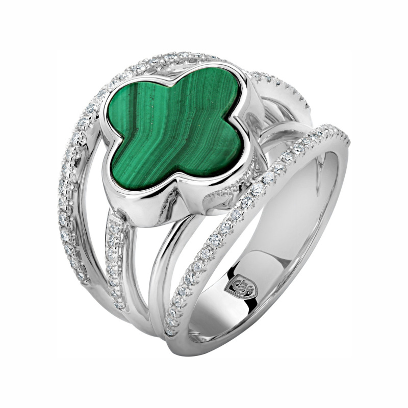 Кольцо из белого золота 585 пробы с малахитом и бриллиантами 01К6214410-1