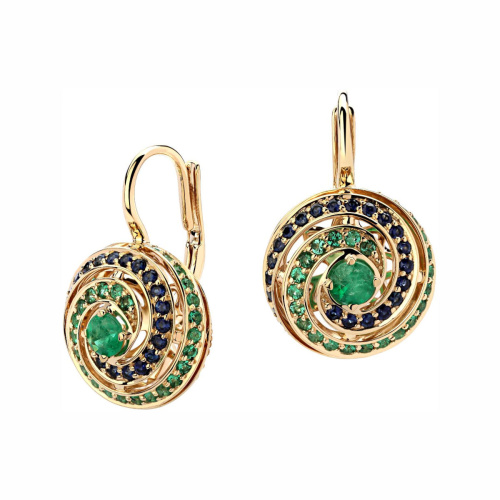 Серьги из желтого золота 585 пробы с изумрудами и сапфирами 01С5313548-1