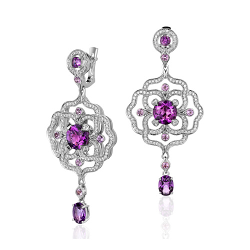 Серьги из белого золота 750 пробы с бриллиантами и аметистами 01С6771097-7