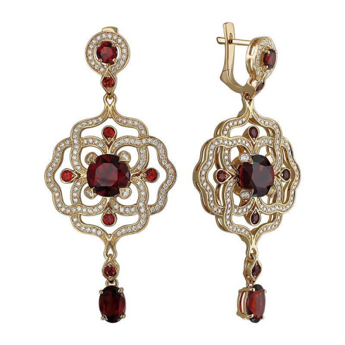 Серьги из желтого золота 750 пробы с гранатами и бриллиантами 01С6471097-2