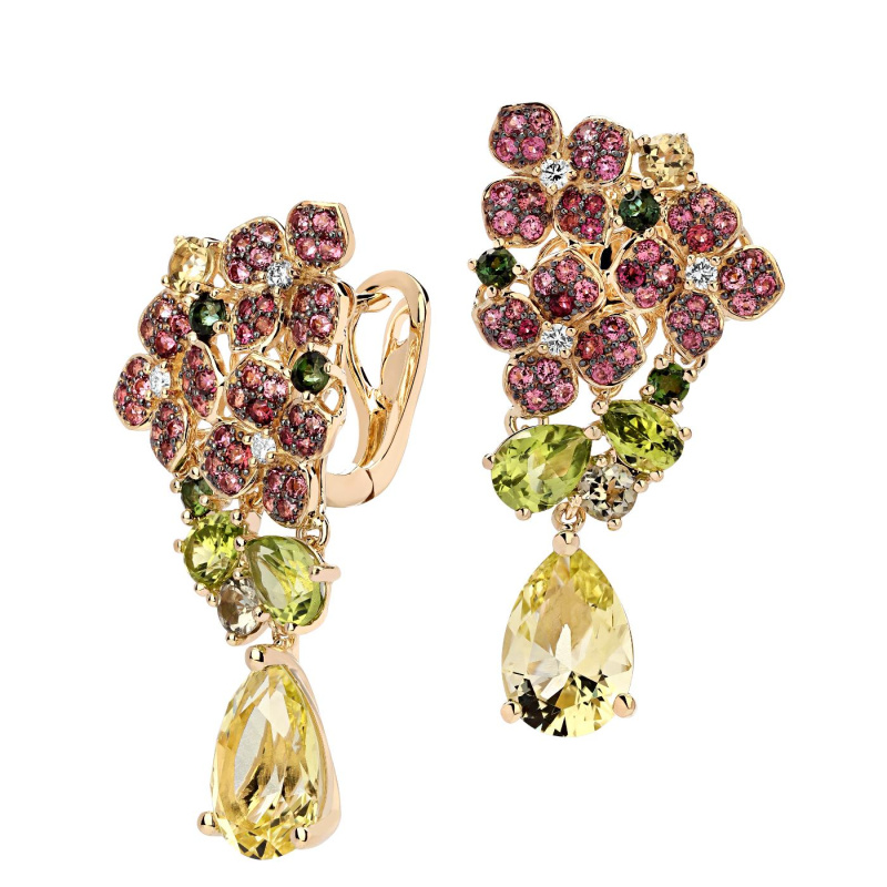 Серьги из желтого золота 585 пробы с турмалинами, хризолитами, кварцем и бриллиантами 01С6314601-2