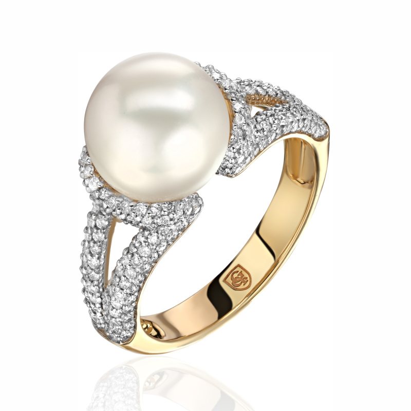 Кольцо из желтого золота 585 пробы с жемчугом и бриллиантами 01К637398-2