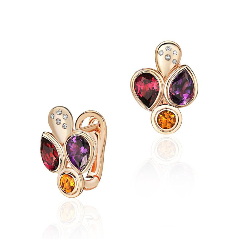 Серьги из красного золота 585 пробы с цитринами, родолитами, аметистами и бриллиантами 01С6116545-1