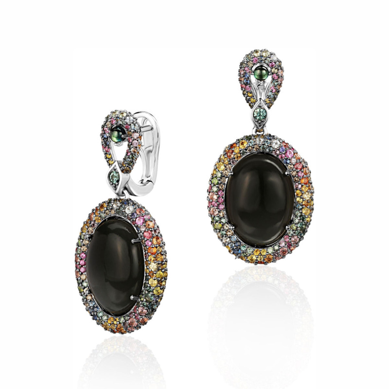 Серьги из белого золота 585 пробы с турмалинами, сапфирами, лунным камнем и бриллиантами 01С6212163-11 Серьги из белого золота 585 пробы с турмалинами, сапфирами, лунным камнем и бриллиантами 01С6212163-11