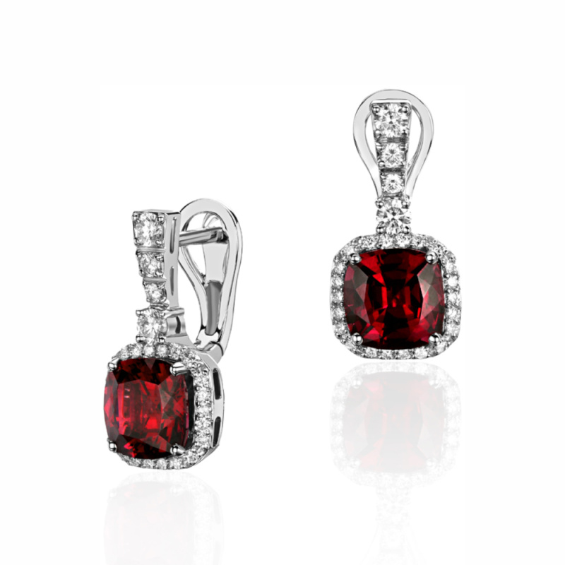 Серьги из белого золота 585 пробы с родолитами и бриллиантами 01С6213376-1 Серьги из белого золота 585 пробы с родолитами и бриллиантами 01С6213376-1