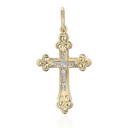 Крест нательный из комбинированного золота 585 пробы без вставок 01Р761220Ж