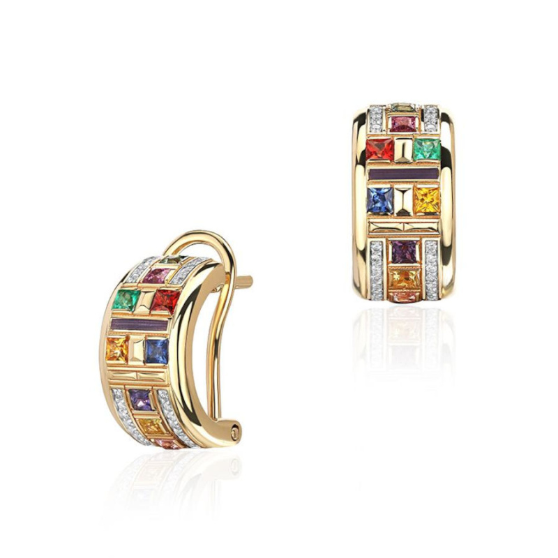 Серьги из желтого золота 585 пробы с изумрудами, сапфирами, бриллиантами и эмалью 01С6316636Э-1