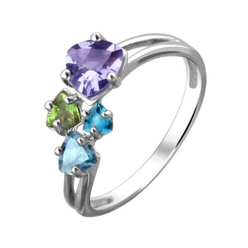 Кольцо из белого золота 585 пробы с аметистом, хризолитом и топазами 01К325784-16