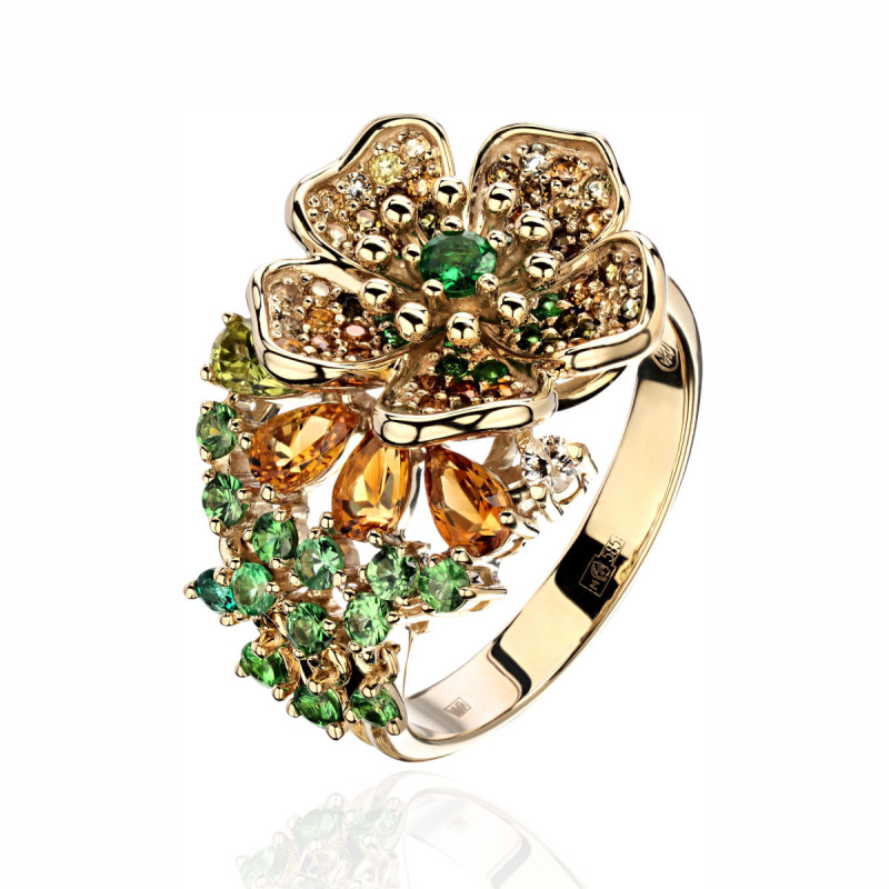 Кольцо из желтого золота 585 пробы с хризолитом, цитринами, турмалинами, тсаворитами и бриллиантом 01К6314576-2