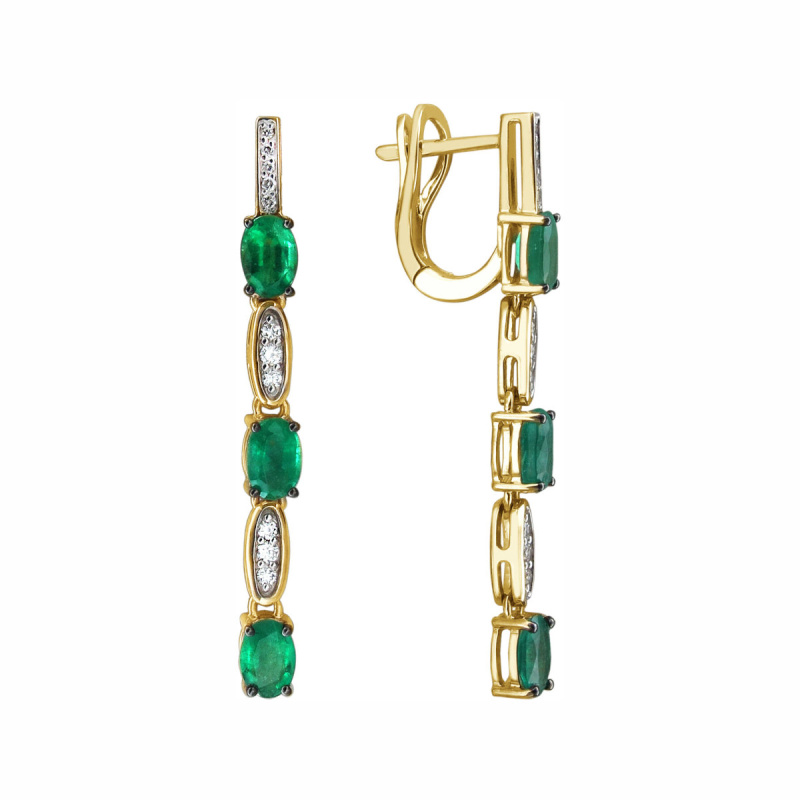 Серьги из желтого золота 585 пробы с изумрудами и бриллиантами 01С6314498-1