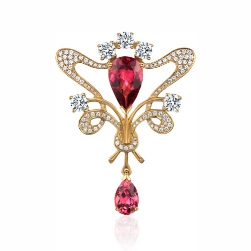Брошь из желтого золота 750 пробы c турмалином, сапфирами, рубеллитом и бриллиантами 01Ш640231-4