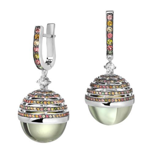 Серьги из белого золота 585 пробы с турмалинами, празиолитами и бриллиантами 01С6213282-5