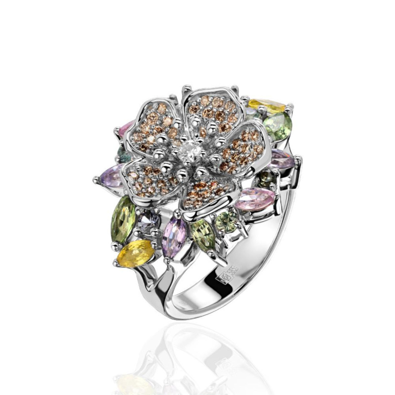 Кольцо из белого золота 585 пробы с сапфирами и бриллиантами 01К6214574-2