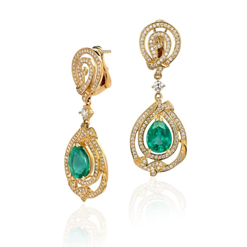 Серьги из желтого золота 750 пробы с бриллиантами и изумрудами 01С6431040-1