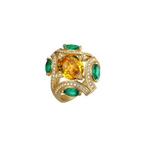 Кольцо из желтого золота 750 пробы с сапфиром, изумрудами и бриллиантами 01К647965-1