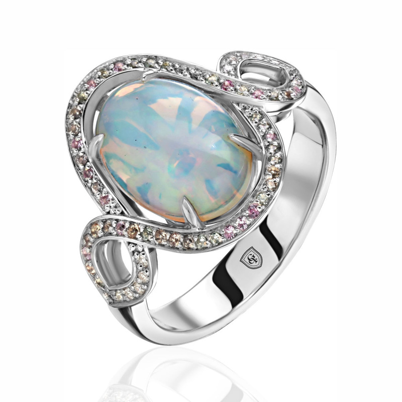 Кольцо из белого золота 585 пробы с сапфирами, опалом и бриллиантами 01К6214868-1