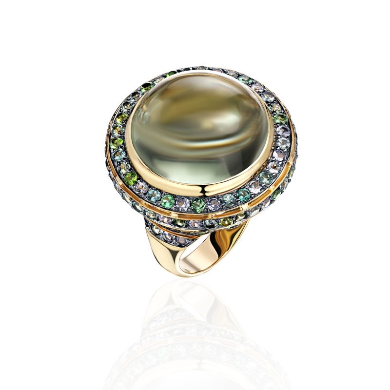 Кольцо из желтого золота 585 пробы с турмалином, танзанитами, сапфирами, празеолитом и бриллиантами 01К6313282-10