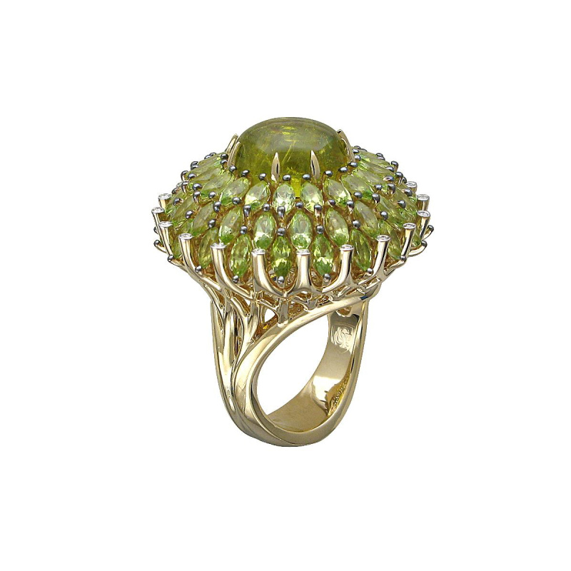 Кольцо из желтого золота 585 пробы с турмалином, хризолитами и бриллиантами 01К6311220-4 Кольцо из желтого золота 585 пробы с турмалином, хризолитами и бриллиантами 01К6311220-4