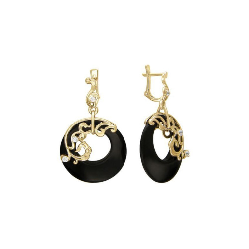 Серьги из желтого золота 585 пробы с фианитом и агатом 01С436241-1
